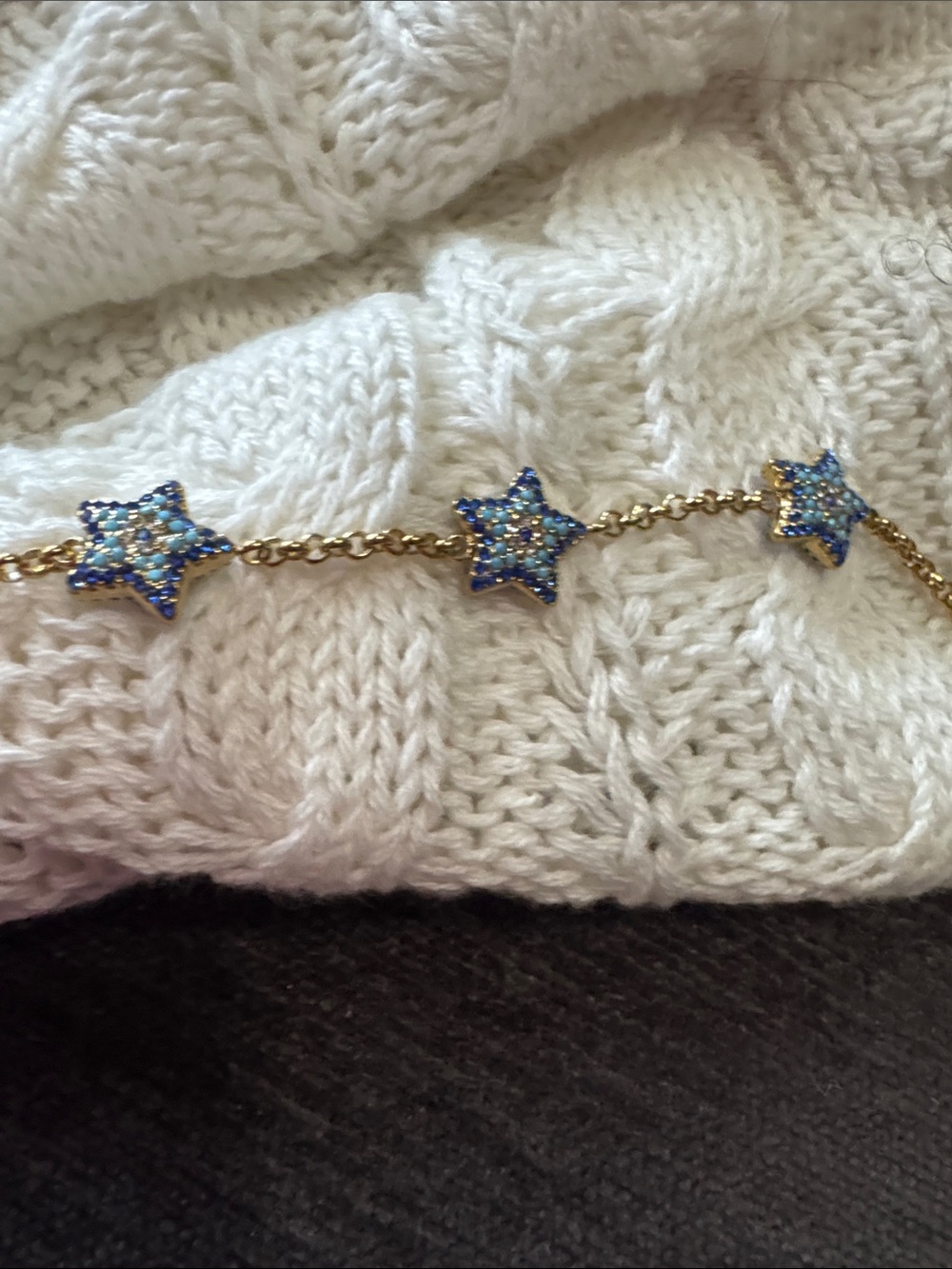 Stainless steel Gold Star Link Bracelet with Blue Crystal Accents